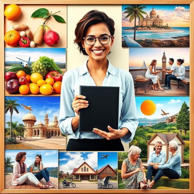 A vibrant and inspiring vision board showcasing a successful woman achieving her goals