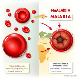 An educational illustration depicting the relationship between sickle cell anemia and malaria
