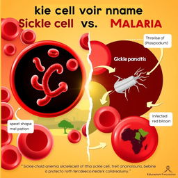 An educational illustration depicting the relationship between sickle cell anemia and malaria