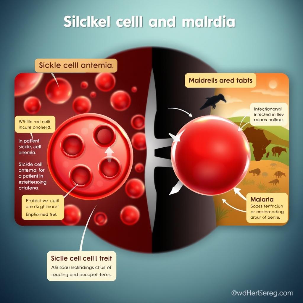An educational illustration depicting the relationship between sickle cell anemia and malaria