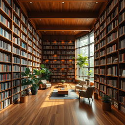 A beautifully designed library interior featuring a stack area dedicated to shelving the main collection of books