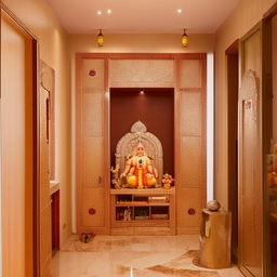 A spacious 3BHK apartment with an elegantly designed puja room. Modern furniture in living spaces with warm, welcoming colors. The puja room has traditional Indian motifs and calm, peaceful ambiance.