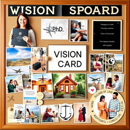 A beautifully organized vision board that encapsulates various life aspirations: a woman holding her PhD diploma proudly, representing academic achievement