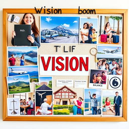 A beautifully organized vision board that encapsulates various life aspirations: a woman holding her PhD diploma proudly, representing academic achievement