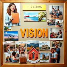 A beautifully organized vision board that encapsulates various life aspirations: a woman holding her PhD diploma proudly, representing academic achievement