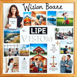 A beautifully organized vision board that encapsulates various life aspirations: a woman holding her PhD diploma proudly, representing academic achievement