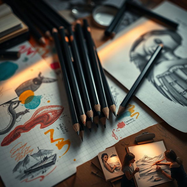 A dramatic and visually stunning TV trailer scene featuring a collection of beautifully crafted carbon pencils