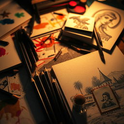 A dramatic and visually stunning TV trailer scene featuring a collection of beautifully crafted carbon pencils