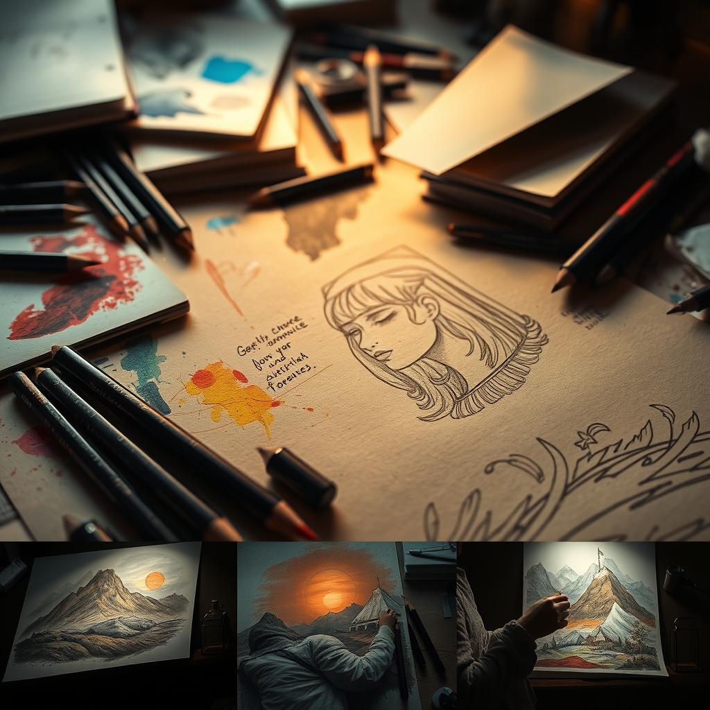 A dramatic and visually stunning TV trailer scene featuring a collection of beautifully crafted carbon pencils