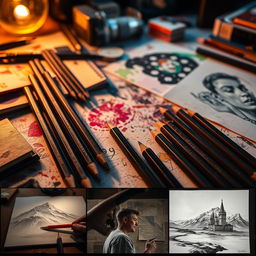 A dramatic and visually stunning TV trailer scene featuring a collection of beautifully crafted carbon pencils