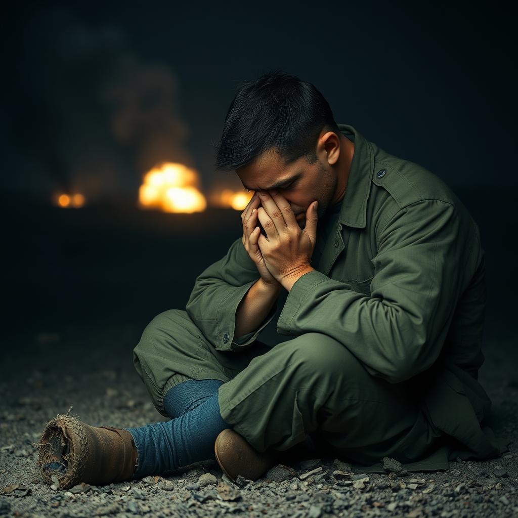 A poignant scene of a soldier sitting on the ground, face buried in hands, overwhelmed with emotion