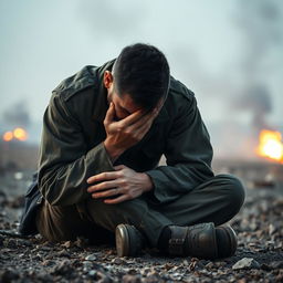 A poignant scene of a soldier sitting on the ground, face buried in hands, overwhelmed with emotion