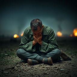 A poignant scene of a soldier sitting on the ground, face buried in hands, overwhelmed with emotion