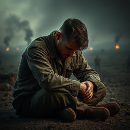 A poignant scene of a soldier sitting on the ground, face buried in hands, overwhelmed with emotion