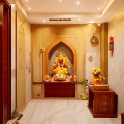 A spacious 3BHK apartment with an elegantly designed puja room. Modern furniture in living spaces with warm, welcoming colors. The puja room has traditional Indian motifs and calm, peaceful ambiance.