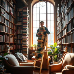 A cozy library filled with shelves stacked high with books of various sizes and colors
