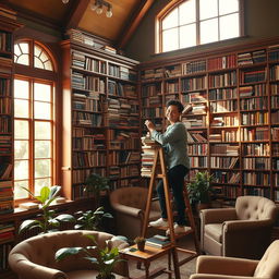A cozy library filled with shelves stacked high with books of various sizes and colors