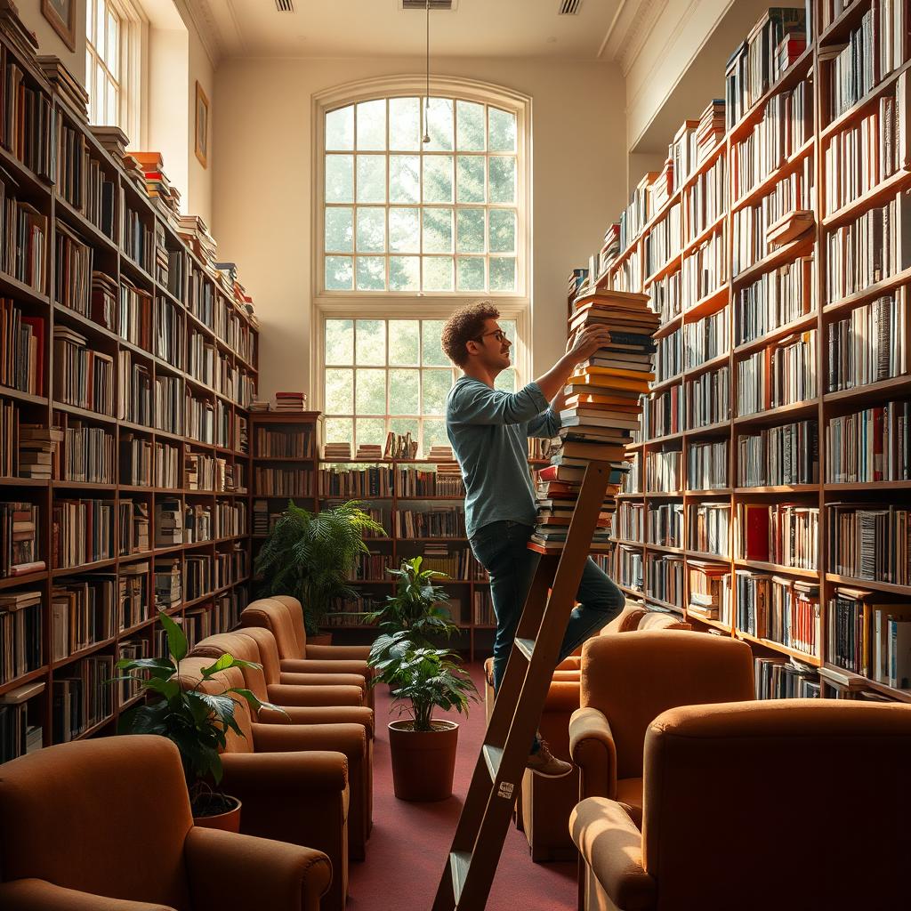 A cozy library filled with shelves stacked high with books of various sizes and colors