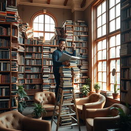 A cozy library filled with shelves stacked high with books of various sizes and colors