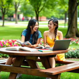 Two Asian college girls sitting at a picnic table on a vibrant campus lawn, surrounded by green trees and flowers, both laughing and studying together