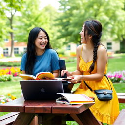 Two Asian college girls sitting at a picnic table on a vibrant campus lawn, surrounded by green trees and flowers, both laughing and studying together