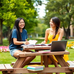Two Asian college girls sitting at a picnic table on a vibrant campus lawn, surrounded by green trees and flowers, both laughing and studying together