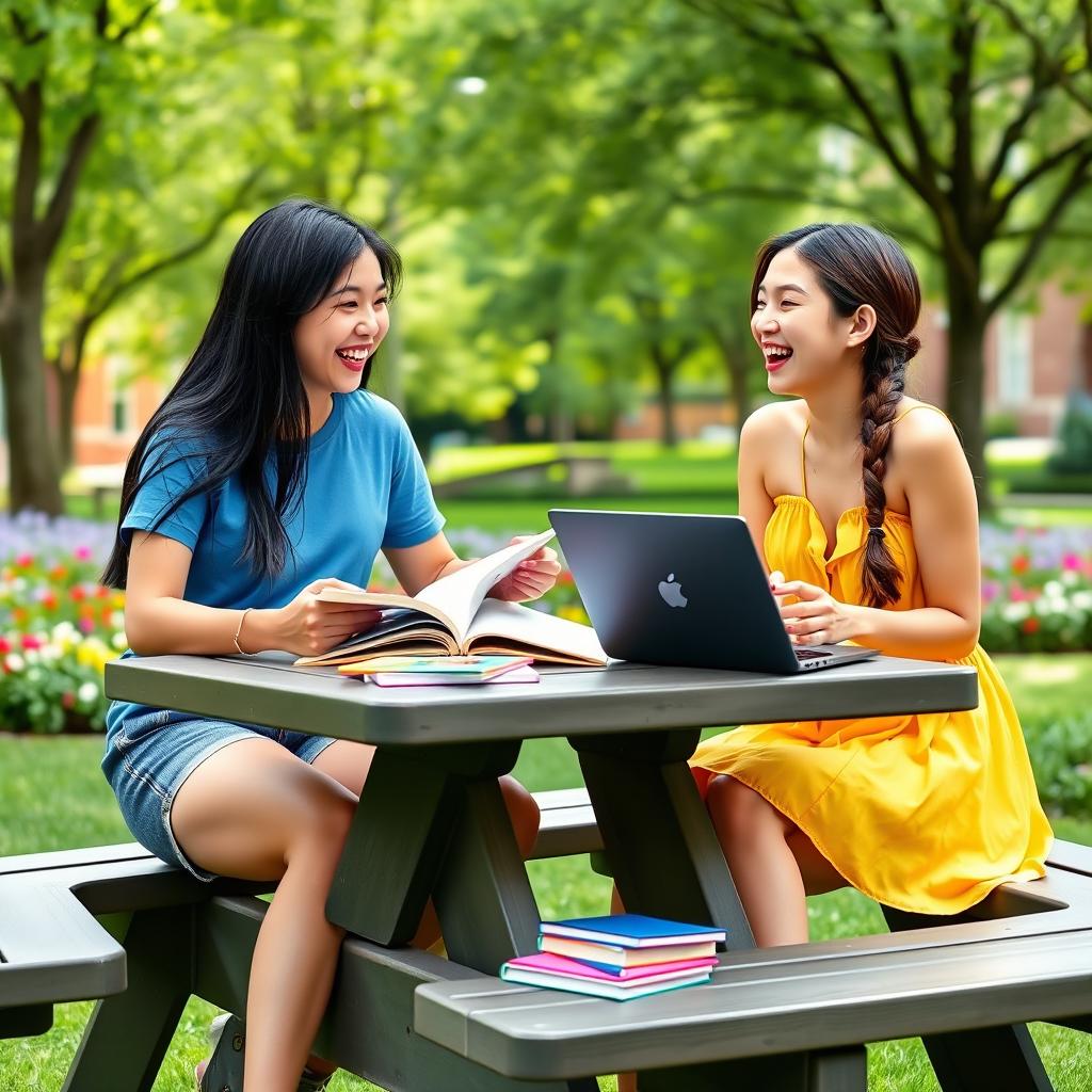 Two Asian college girls sitting at a picnic table on a vibrant campus lawn, surrounded by green trees and flowers, both laughing and studying together