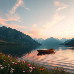 A serene landscape showcasing a tranquil lake surrounded by majestic mountains under a pastel sunset sky