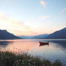 A serene landscape showcasing a tranquil lake surrounded by majestic mountains under a pastel sunset sky