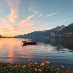 A serene landscape showcasing a tranquil lake surrounded by majestic mountains under a pastel sunset sky
