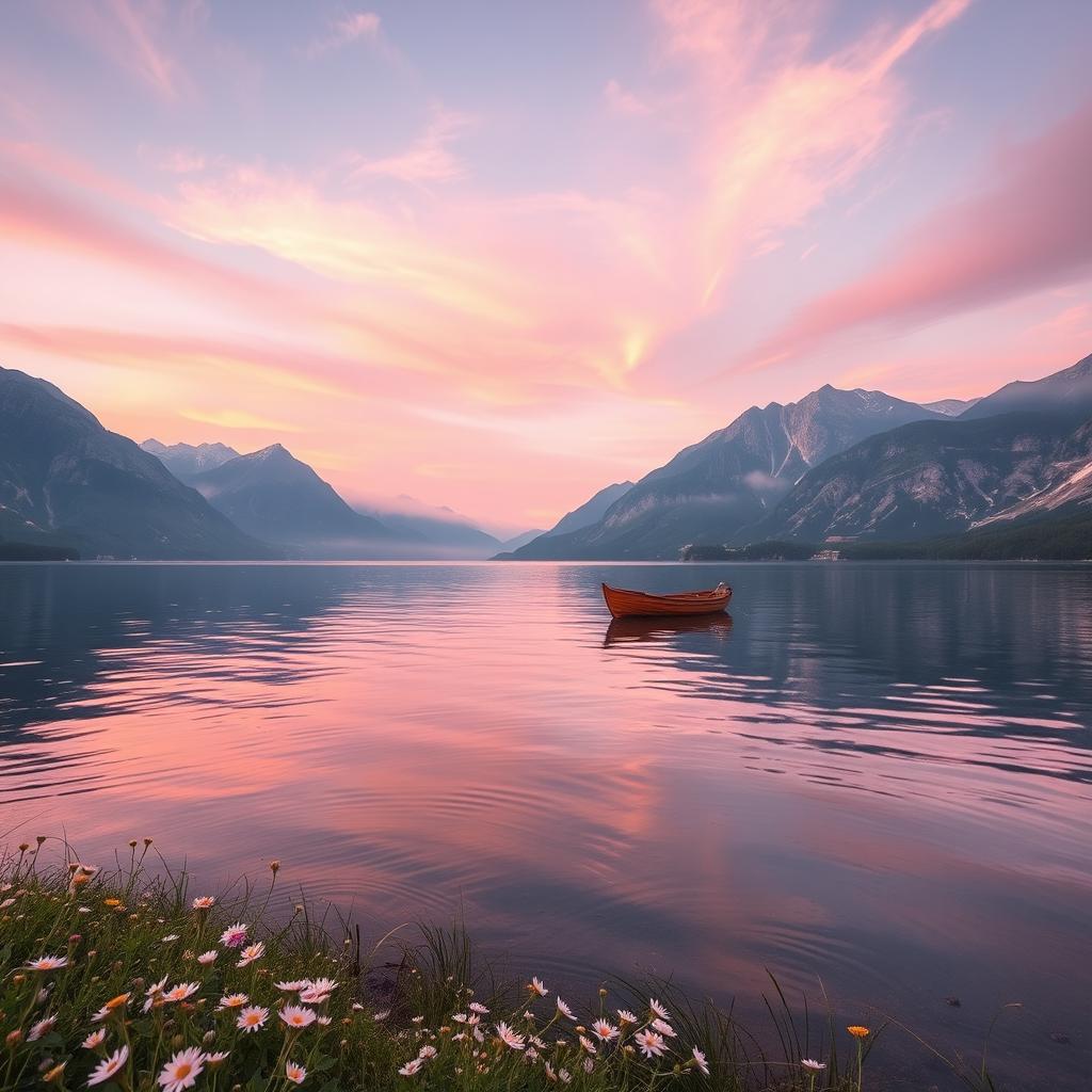 A serene landscape showcasing a tranquil lake surrounded by majestic mountains under a pastel sunset sky