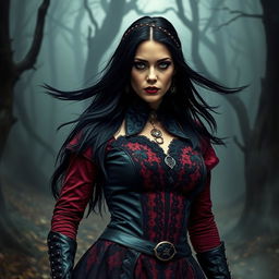 A fierce gothic woman stands confidently, facing down her foes in a dark, foggy, and eerie wooded area