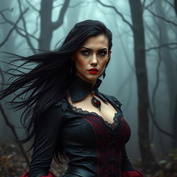 A fierce gothic woman stands confidently, facing down her foes in a dark, foggy, and eerie wooded area