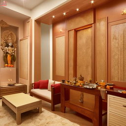 A spacious 3BHK apartment with an elegantly designed puja room. Modern furniture in living spaces with warm, welcoming colors. The puja room has traditional Indian motifs and calm, peaceful ambiance.