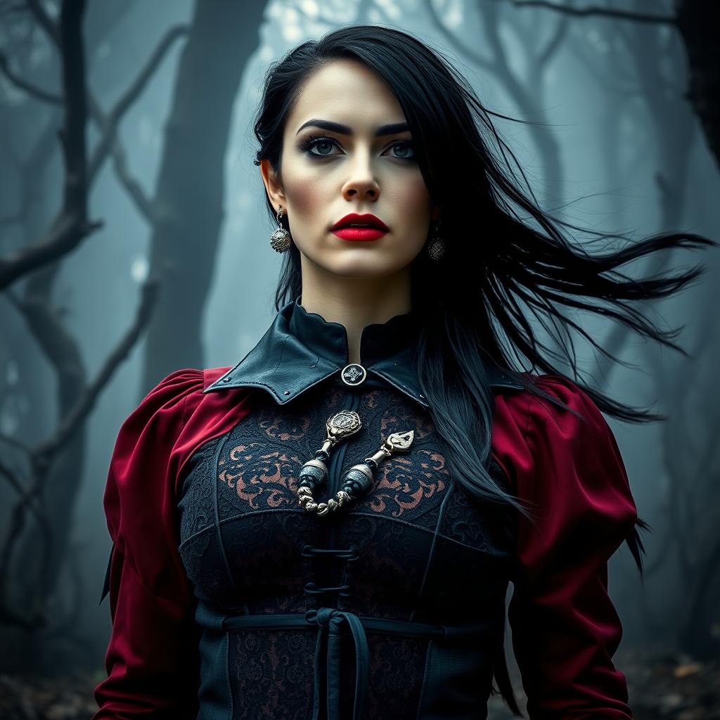 A fierce gothic woman stands confidently, facing down her foes in a dark, foggy, and eerie wooded area