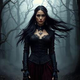 A fierce gothic woman stands confidently, facing down her foes in a dark, foggy, and eerie wooded area