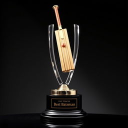 A sophisticated cricket trophy for 'Best Batsman,' showcasing a detailed sculpture of a cricket bat and ball