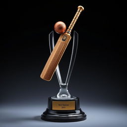 A sophisticated cricket trophy for 'Best Batsman,' showcasing a detailed sculpture of a cricket bat and ball
