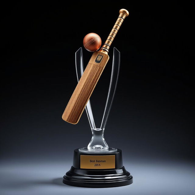 A sophisticated cricket trophy for 'Best Batsman,' showcasing a detailed sculpture of a cricket bat and ball