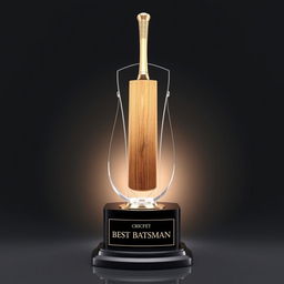 A sophisticated cricket trophy for 'Best Batsman,' showcasing a detailed sculpture of a cricket bat and ball