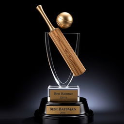 A sophisticated cricket trophy for 'Best Batsman,' showcasing a detailed sculpture of a cricket bat and ball
