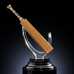 A sophisticated cricket trophy for 'Best Batsman,' featuring a highly detailed sculpture of a cricket bat and ball