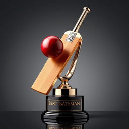 A sophisticated cricket trophy for 'Best Batsman,' featuring a highly detailed sculpture of a cricket bat and ball