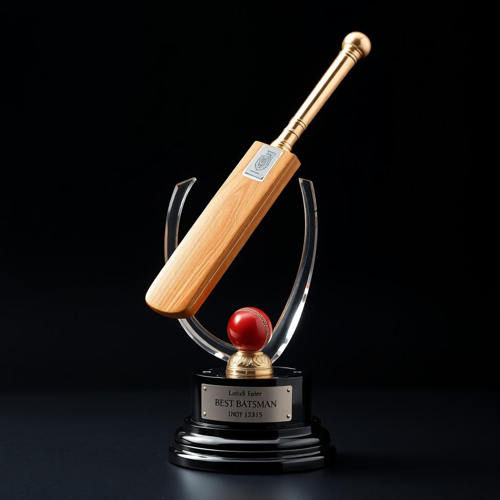 A sophisticated cricket trophy for 'Best Batsman,' featuring a highly detailed sculpture of a cricket bat and ball
