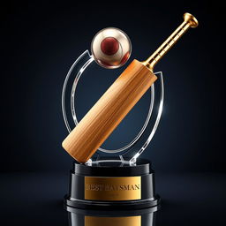A sophisticated cricket trophy for 'Best Batsman,' featuring a highly detailed sculpture of a cricket bat and ball
