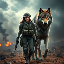 A fierce female army combat medic walking confidently across a chaotic battlefield, with a 10-foot tall majestic wolf standing protectively beside her