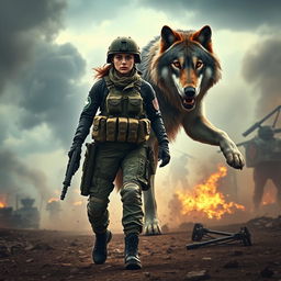 A fierce female army combat medic walking confidently across a chaotic battlefield, with a 10-foot tall majestic wolf standing protectively beside her