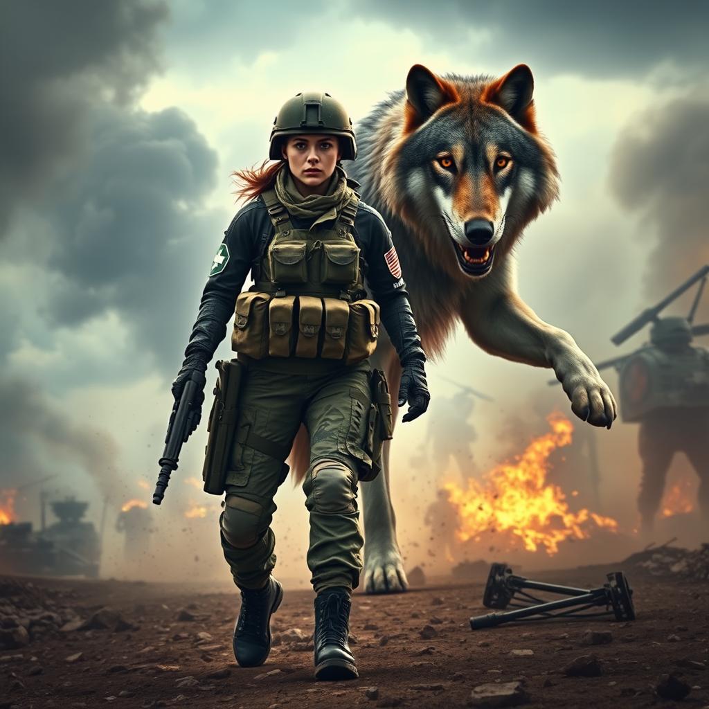A fierce female army combat medic walking confidently across a chaotic battlefield, with a 10-foot tall majestic wolf standing protectively beside her