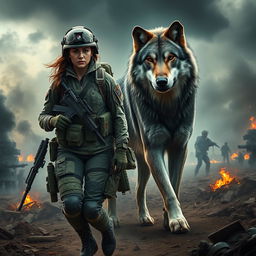 A fierce female army combat medic walking confidently across a chaotic battlefield, with a 10-foot tall majestic wolf standing protectively beside her