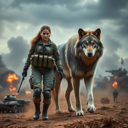 A fierce female army combat medic walking confidently across a chaotic battlefield, with a 10-foot tall majestic wolf standing protectively beside her